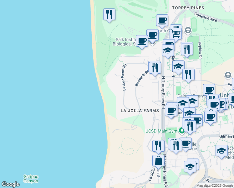 map of restaurants, bars, coffee shops, grocery stores, and more near 9736 La Jolla Farms Road in San Diego