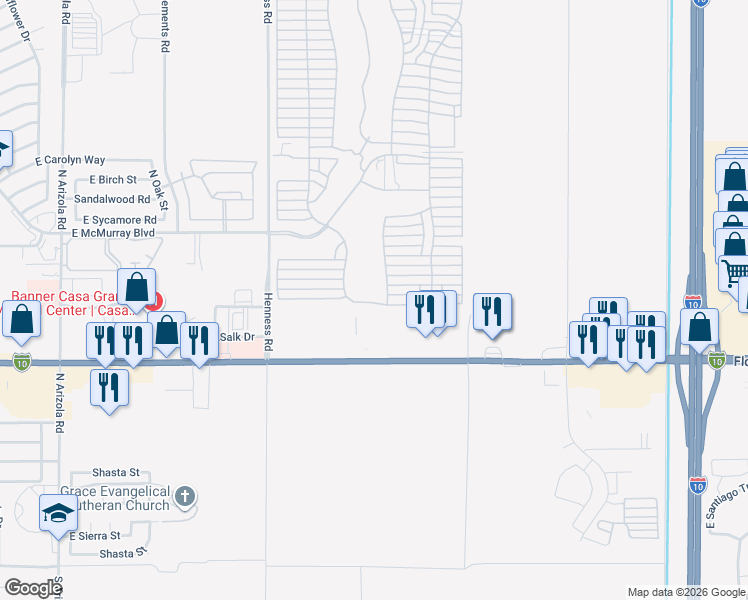 map of restaurants, bars, coffee shops, grocery stores, and more near 2024 East Florence Boulevard in Casa Grande