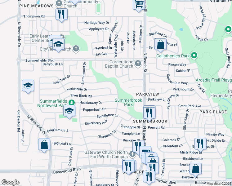map of restaurants, bars, coffee shops, grocery stores, and more near 4290 Staghorn Circle North in Fort Worth