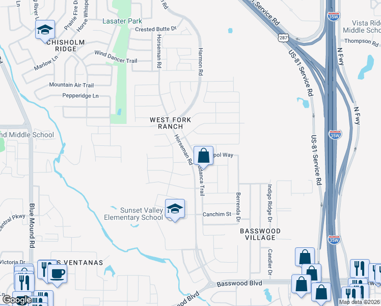 map of restaurants, bars, coffee shops, grocery stores, and more near 7801 Tudanca Trail in Fort Worth