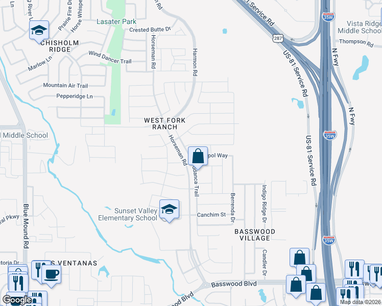 map of restaurants, bars, coffee shops, grocery stores, and more near 2301 Senepol Way in Fort Worth