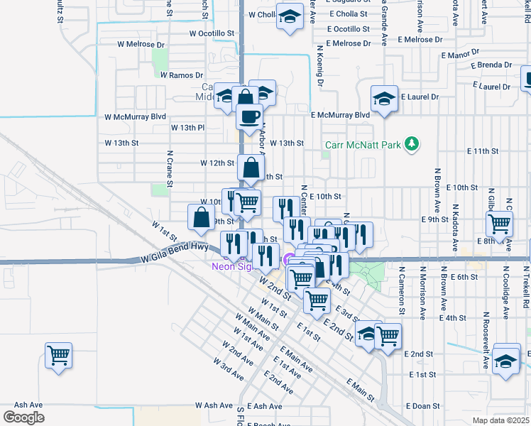 map of restaurants, bars, coffee shops, grocery stores, and more near 222 West 9th Street in Casa Grande