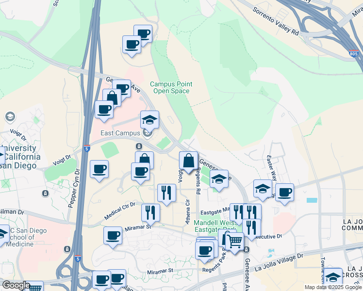 map of restaurants, bars, coffee shops, grocery stores, and more near 10198 Campus Point Drive in San Diego