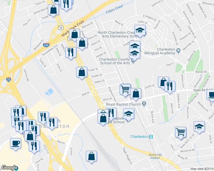 map of restaurants, bars, coffee shops, grocery stores, and more near 2013 Clifton Street in North Charleston