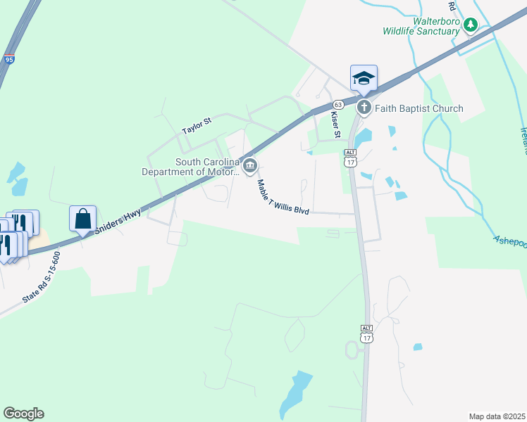 map of restaurants, bars, coffee shops, grocery stores, and more near 180 Mabel T Willis Boulevard in Walterboro
