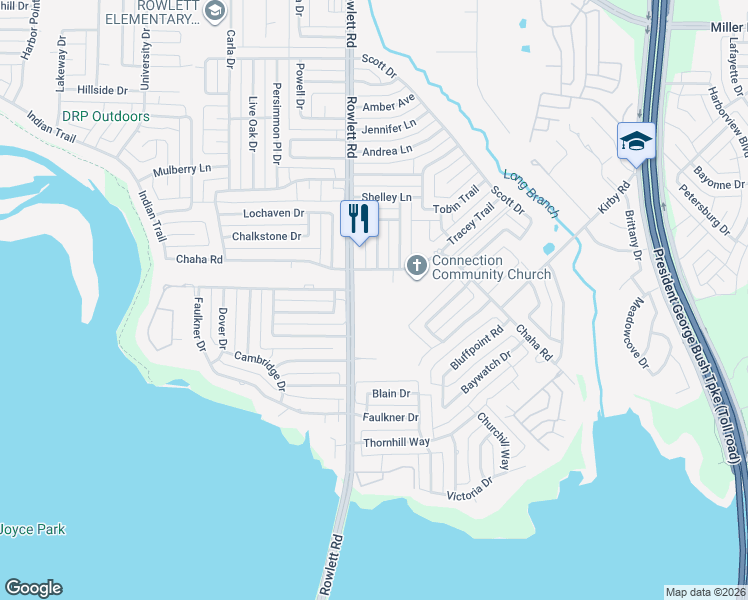 map of restaurants, bars, coffee shops, grocery stores, and more near 2040 Rowlett Road in Rowlett