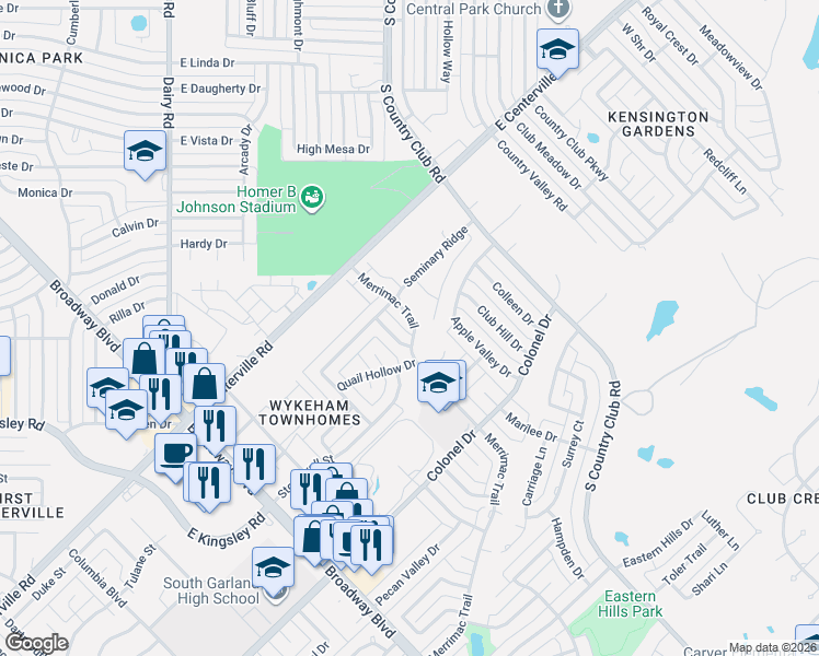 map of restaurants, bars, coffee shops, grocery stores, and more near 2813 Harpers Ferry Lane in Garland