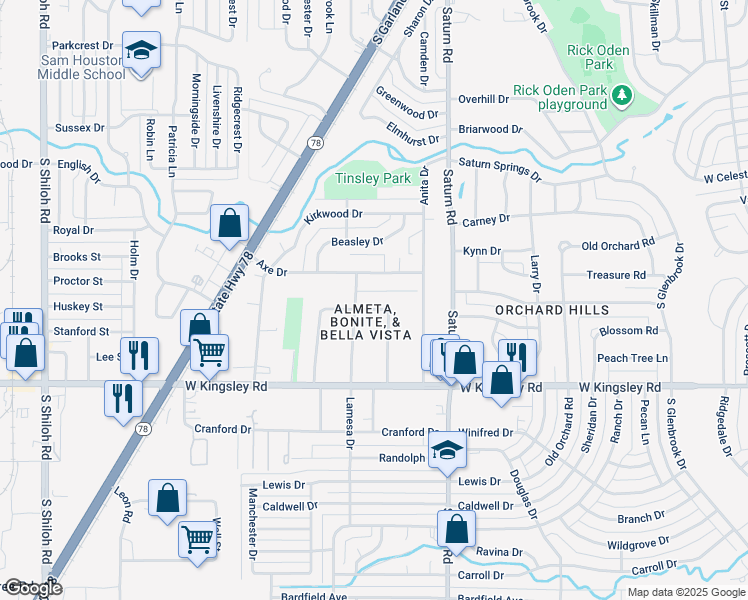 map of restaurants, bars, coffee shops, grocery stores, and more near 1536 Flores Drive in Garland