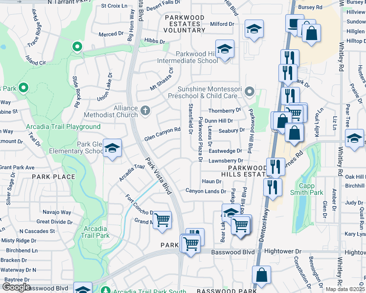 map of restaurants, bars, coffee shops, grocery stores, and more near 7816 Rogue River Trail in Fort Worth