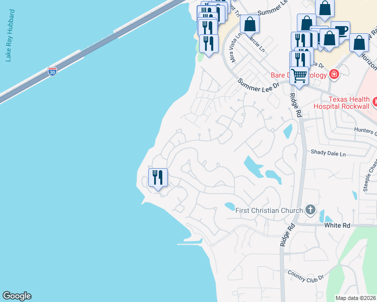 map of restaurants, bars, coffee shops, grocery stores, and more near 442 Columbia Drive in Rockwall