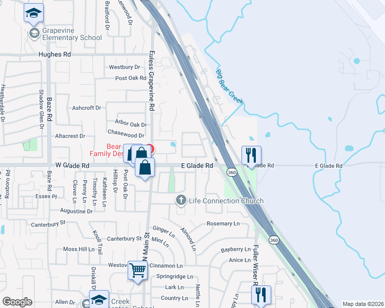 map of restaurants, bars, coffee shops, grocery stores, and more near 321 Harmony Hill Road in Grapevine