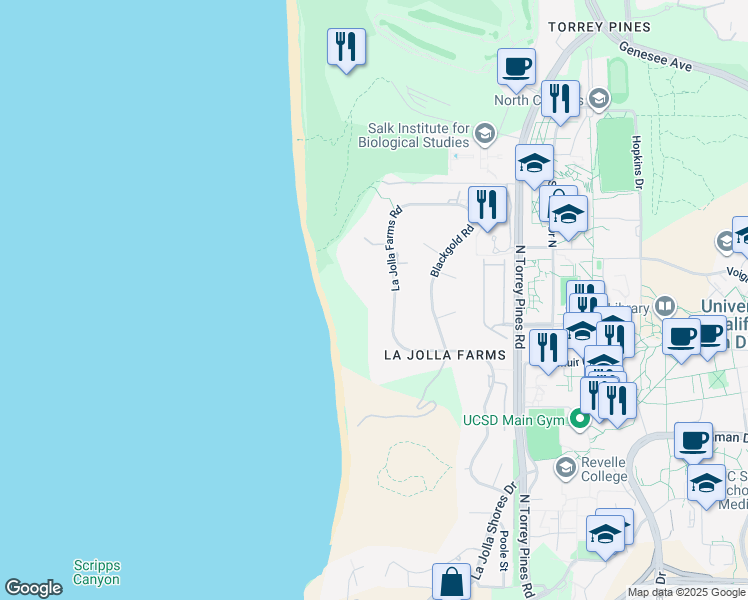 map of restaurants, bars, coffee shops, grocery stores, and more near 9736 La Jolla Farms Road in San Diego