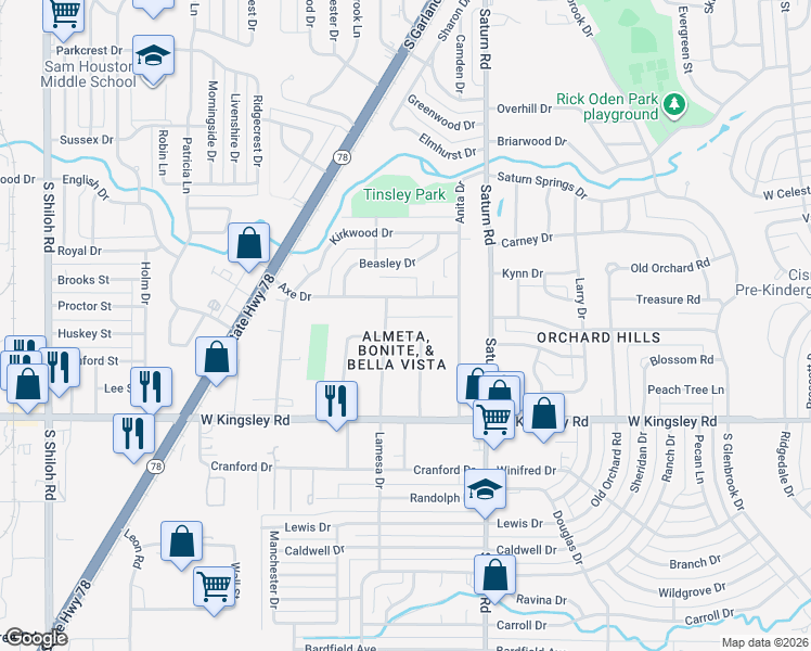 map of restaurants, bars, coffee shops, grocery stores, and more near 1536 Flores Drive in Garland