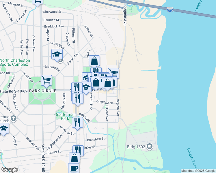 map of restaurants, bars, coffee shops, grocery stores, and more near in North Charleston