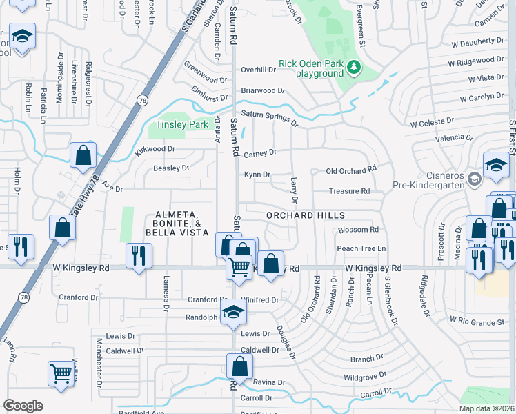 map of restaurants, bars, coffee shops, grocery stores, and more near 1336 Parkmont Drive in Garland