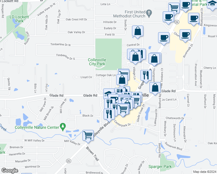 map of restaurants, bars, coffee shops, grocery stores, and more near 1920 Shadowood Trail in Colleyville