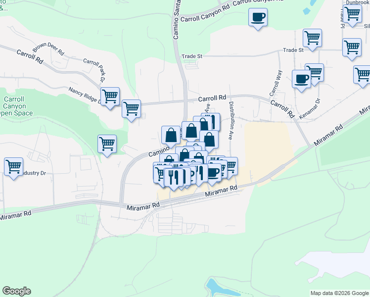map of restaurants, bars, coffee shops, grocery stores, and more near 8615 Commerce Avenue in San Diego