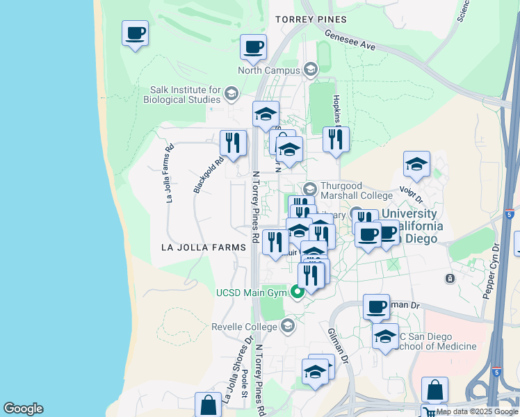 map of restaurants, bars, coffee shops, grocery stores, and more near 9600 North Torrey Pines Road in San Diego