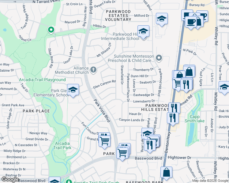map of restaurants, bars, coffee shops, grocery stores, and more near 5448 Catlow Valley Road in Fort Worth