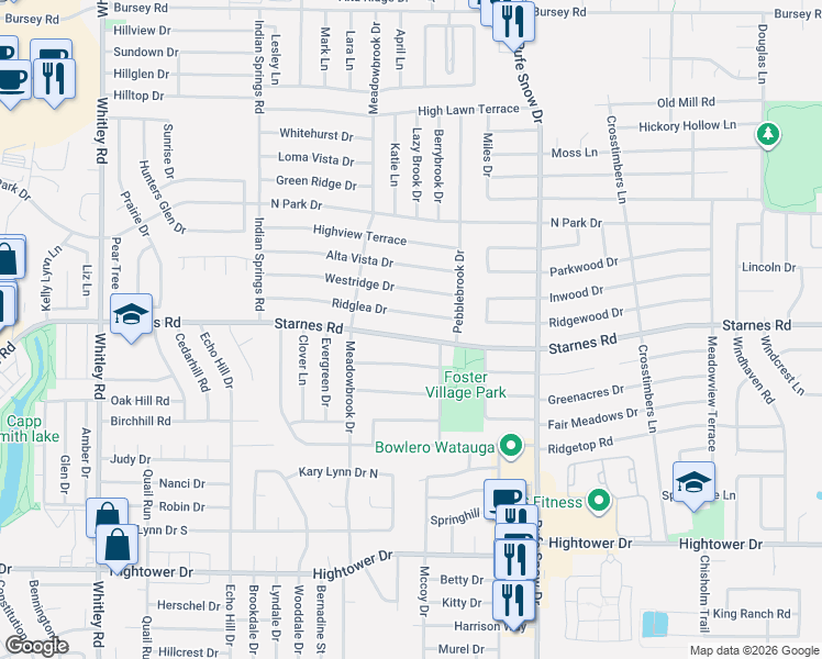 map of restaurants, bars, coffee shops, grocery stores, and more near 6528 Starnes Road in Watauga