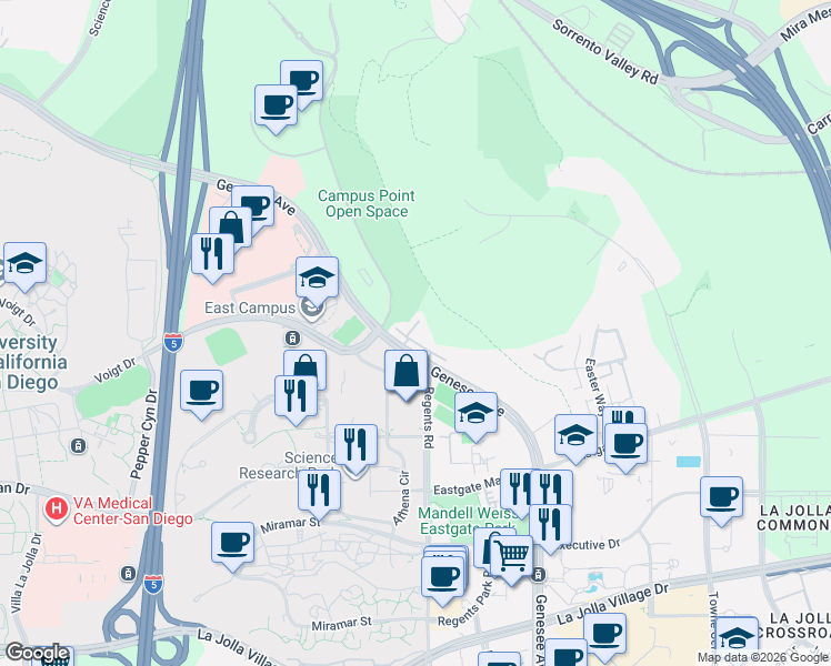 map of restaurants, bars, coffee shops, grocery stores, and more near 9813 Genesee Avenue in San Diego