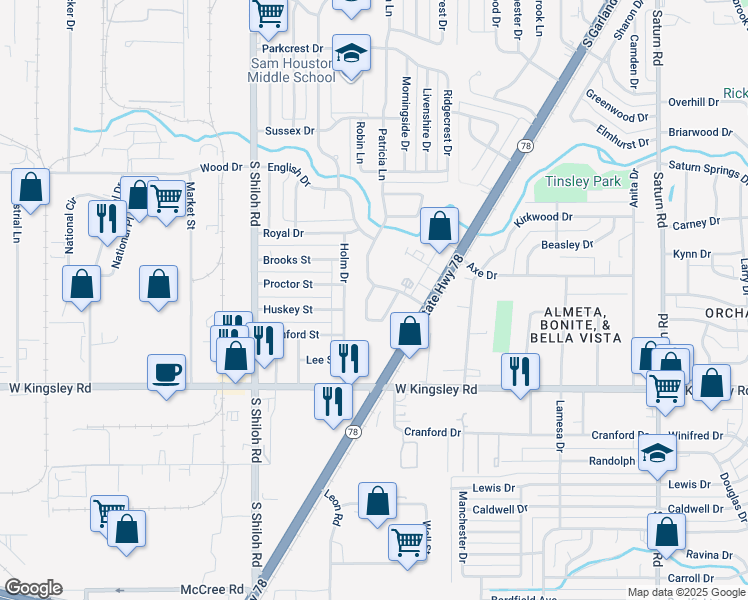 map of restaurants, bars, coffee shops, grocery stores, and more near 2813 Wimbledon Court in Garland