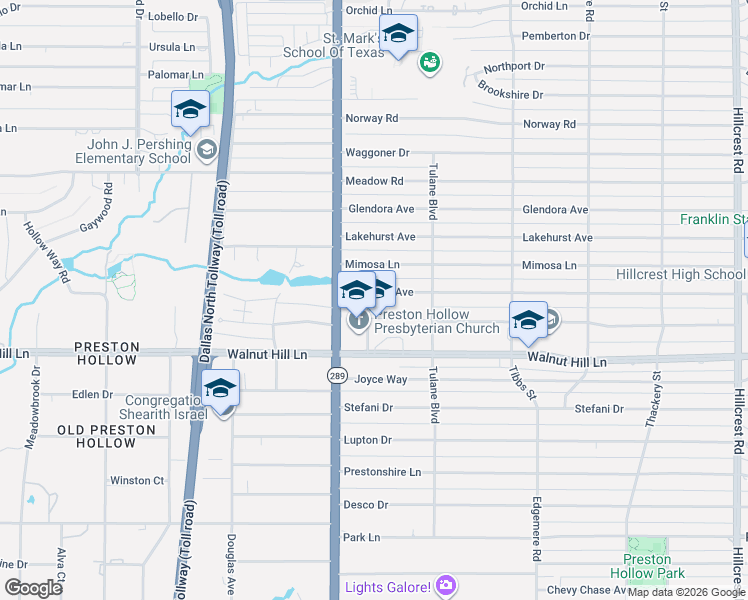 map of restaurants, bars, coffee shops, grocery stores, and more near 9800 Preston Road in Dallas