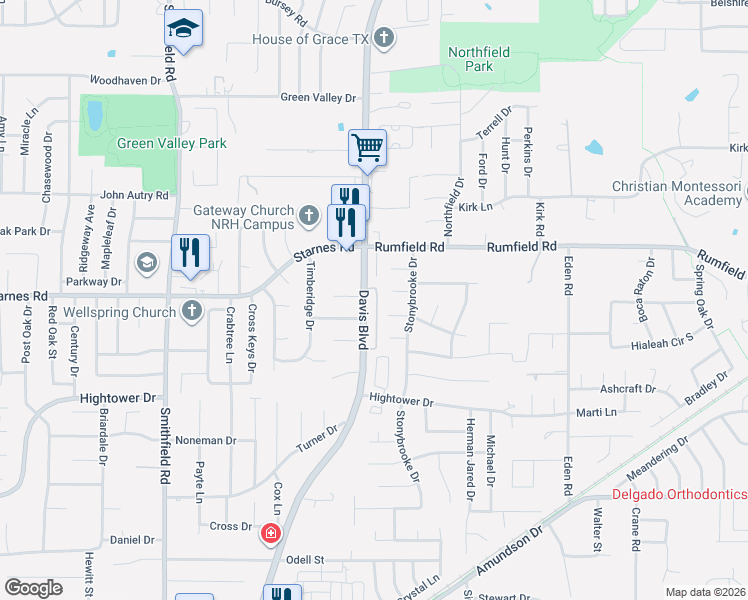 map of restaurants, bars, coffee shops, grocery stores, and more near 7318 Davis Boulevard in North Richland Hills