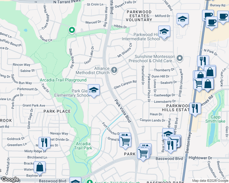 map of restaurants, bars, coffee shops, grocery stores, and more near 7825 Lake Meredith Way in Fort Worth