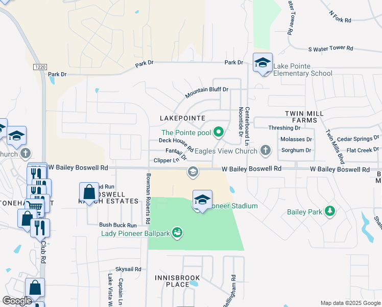 map of restaurants, bars, coffee shops, grocery stores, and more near 5837 Deck House Road in Fort Worth