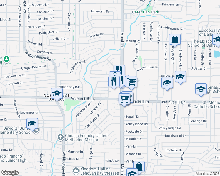 map of restaurants, bars, coffee shops, grocery stores, and more near 10040 Glenrio Lane in Dallas