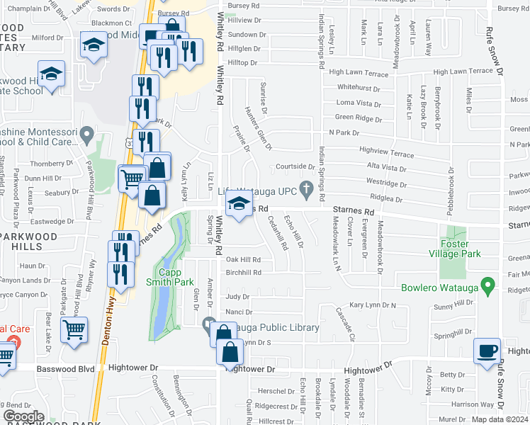 map of restaurants, bars, coffee shops, grocery stores, and more near 7637 Cedarhill Road in Watauga