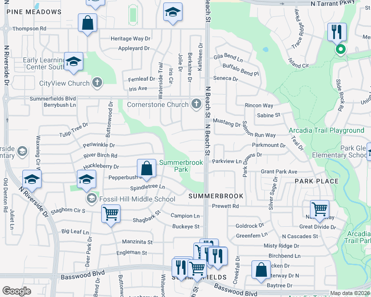 map of restaurants, bars, coffee shops, grocery stores, and more near 4401 Thrasher Court in Fort Worth