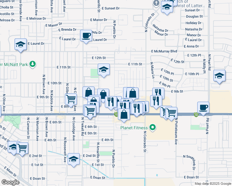 map of restaurants, bars, coffee shops, grocery stores, and more near 846 North Pueblo Drive in Casa Grande