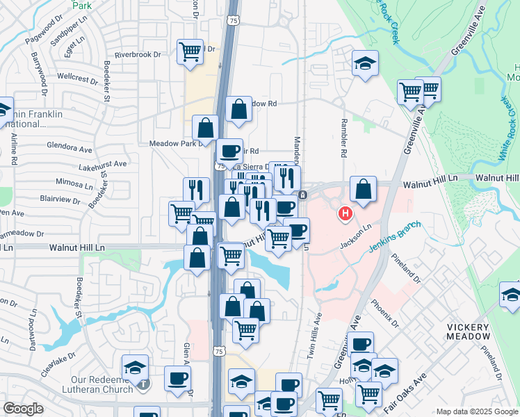 map of restaurants, bars, coffee shops, grocery stores, and more near 8061 Walnut Hill Lane in Dallas