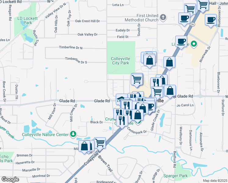 map of restaurants, bars, coffee shops, grocery stores, and more near 1925 Maplewood Trail in Colleyville
