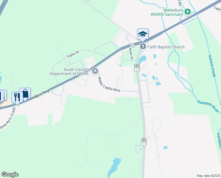 map of restaurants, bars, coffee shops, grocery stores, and more near 180 Mabel T Willis Boulevard in Walterboro