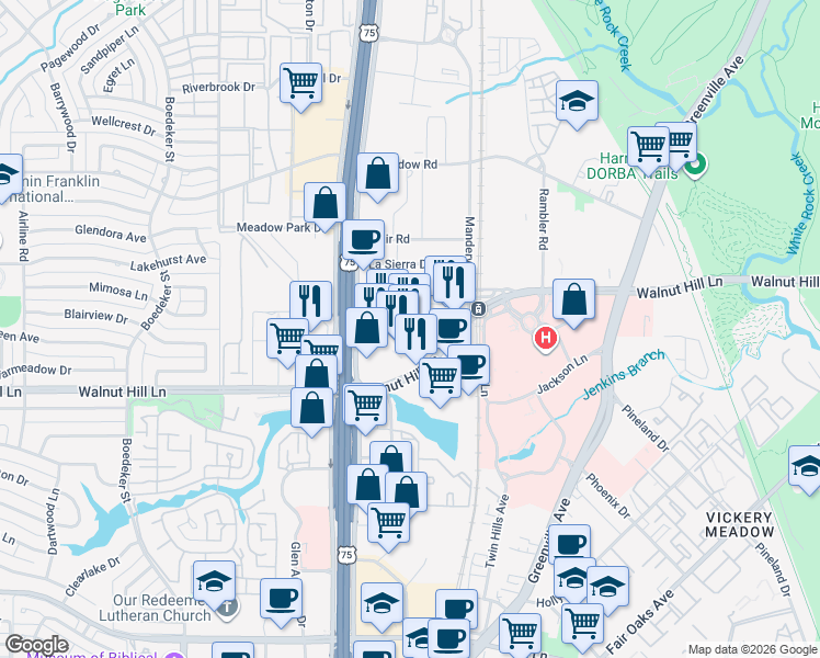 map of restaurants, bars, coffee shops, grocery stores, and more near 8061 Walnut Hill Lane in Dallas