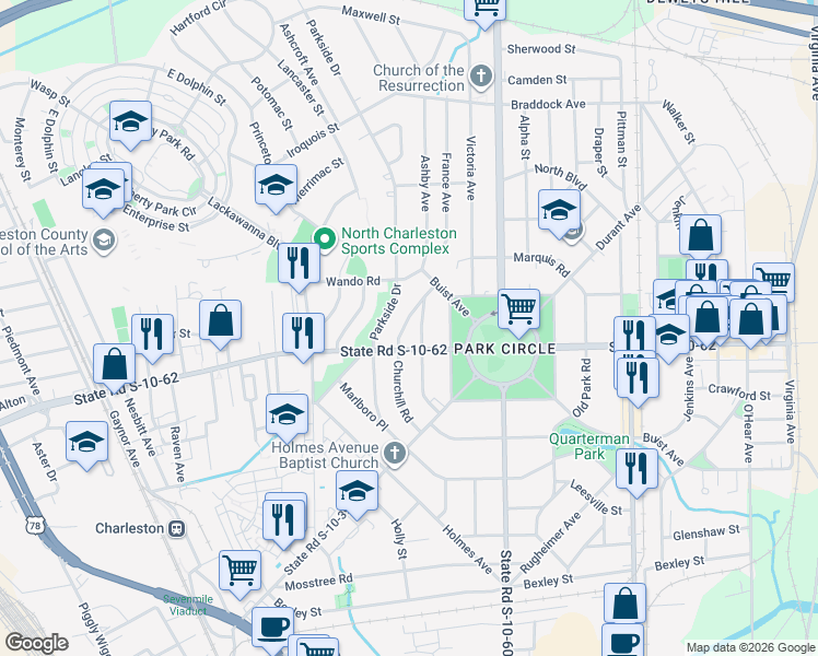 map of restaurants, bars, coffee shops, grocery stores, and more near 1316 East Montague Avenue in North Charleston