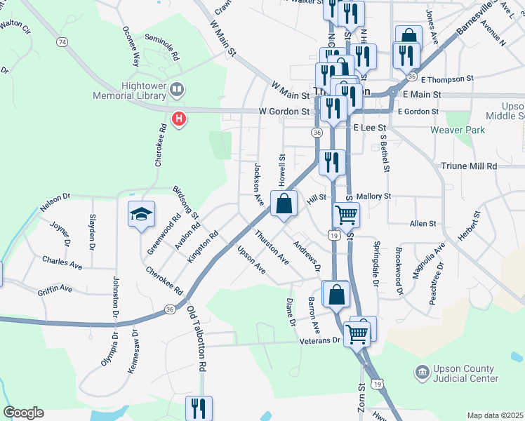 map of restaurants, bars, coffee shops, grocery stores, and more near 519 South Green Street in Thomaston