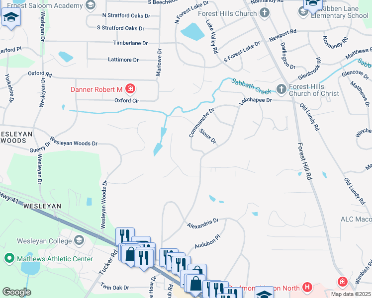 map of restaurants, bars, coffee shops, grocery stores, and more near 528 Commanche Drive in Macon