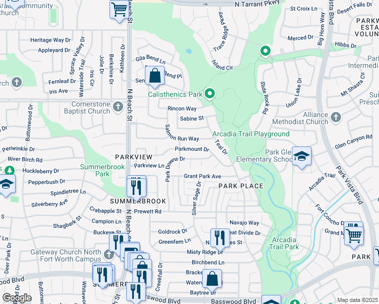 map of restaurants, bars, coffee shops, grocery stores, and more near 7866 Park Downs Court in Fort Worth