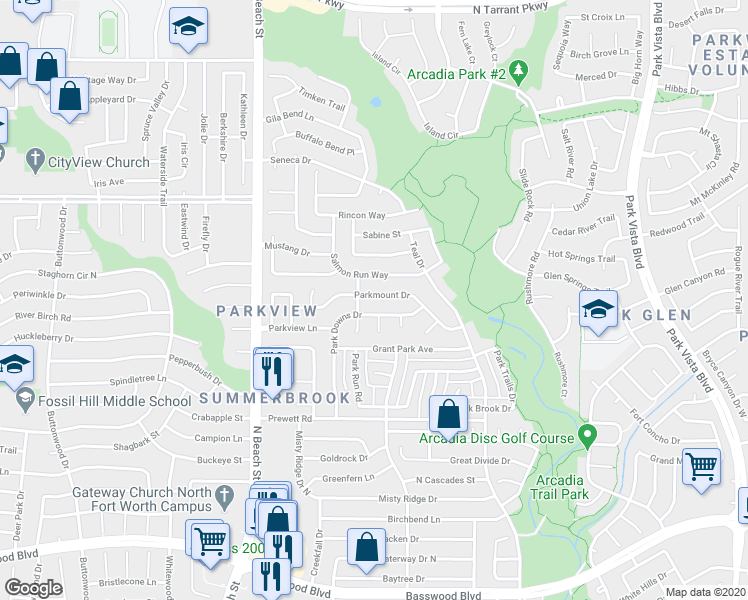 map of restaurants, bars, coffee shops, grocery stores, and more near 4712 Parkmount Drive in Fort Worth