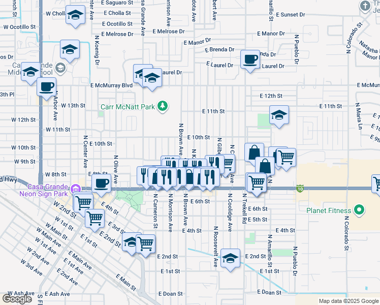 map of restaurants, bars, coffee shops, grocery stores, and more near 801 East 9th Street in Casa Grande