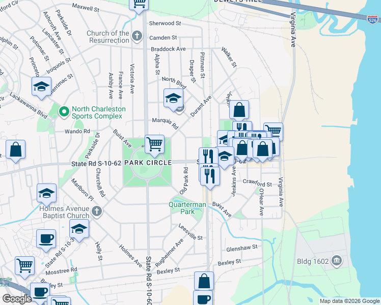 map of restaurants, bars, coffee shops, grocery stores, and more near 1136 East Montague Avenue in North Charleston