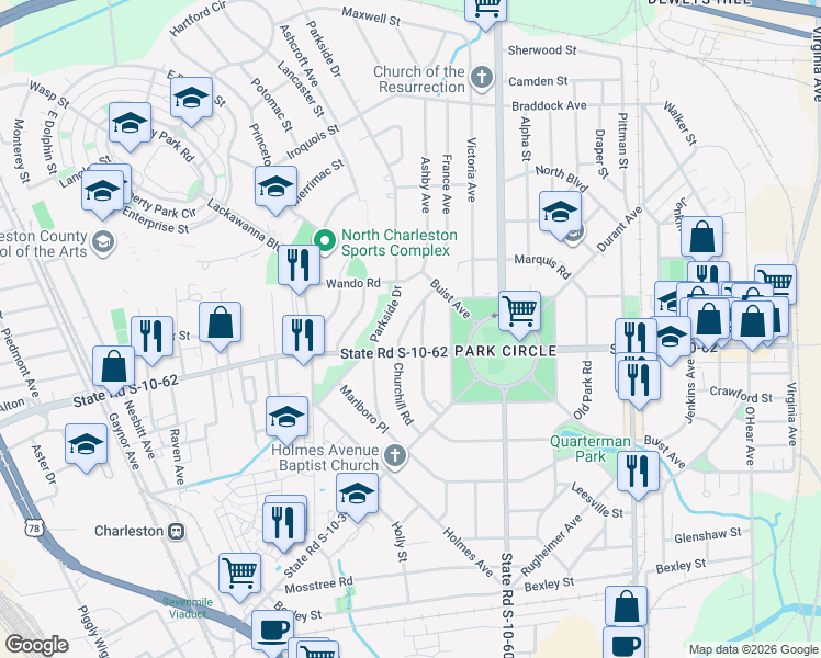 map of restaurants, bars, coffee shops, grocery stores, and more near 1316 East Montague Avenue in North Charleston