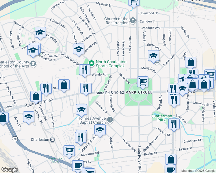 map of restaurants, bars, coffee shops, grocery stores, and more near in North Charleston