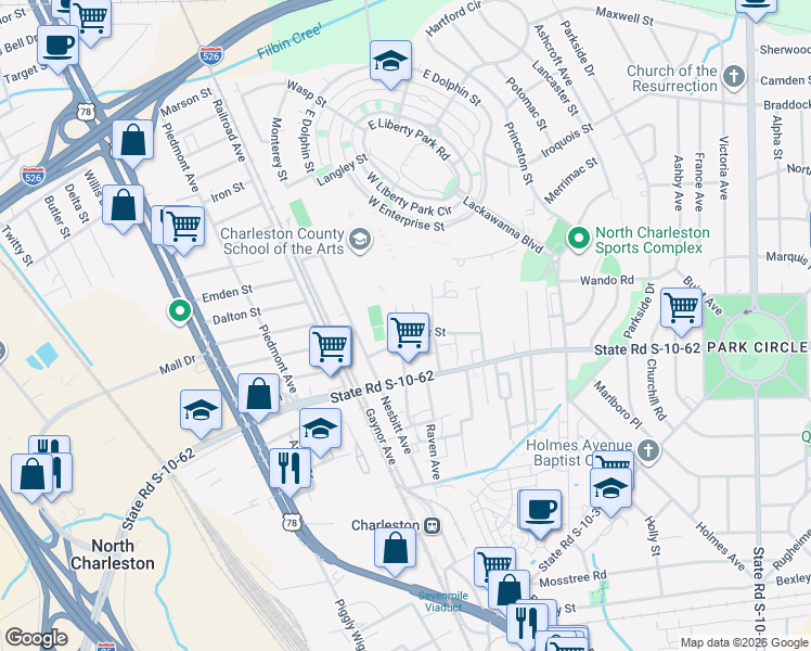map of restaurants, bars, coffee shops, grocery stores, and more near 4851 Luella Avenue in North Charleston