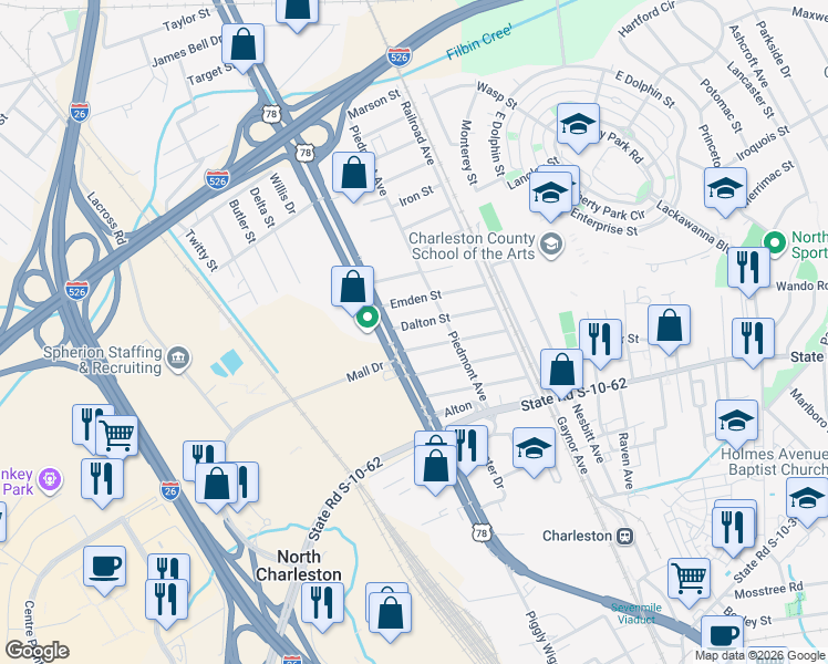 map of restaurants, bars, coffee shops, grocery stores, and more near 2013 Clifton Street in North Charleston
