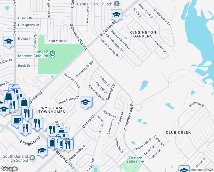 map of restaurants, bars, coffee shops, grocery stores, and more near 3005 Club Hill Drive in Garland
